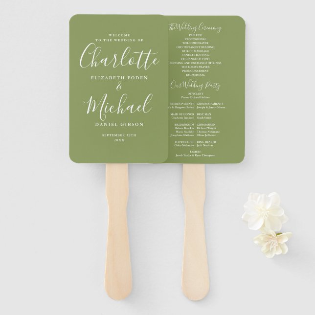 Abanico Moss Green Signature Script Wedding Program (Anverso y reverso)
