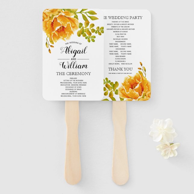Abanico Naranja acuarela flores programa de boda floral (Anverso y reverso)