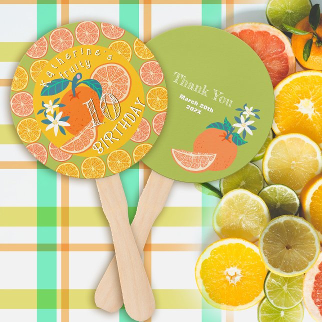 Abanico Naranja Fruity Birthday Green (Orange Fruity Birthday Hand Fan.)