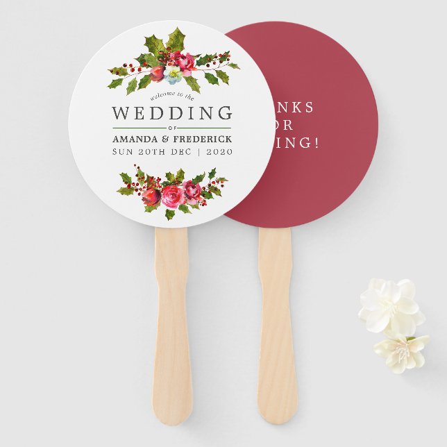 Abanico Navidades Boda Floral Holly Watercolor Favor (Anverso y reverso)