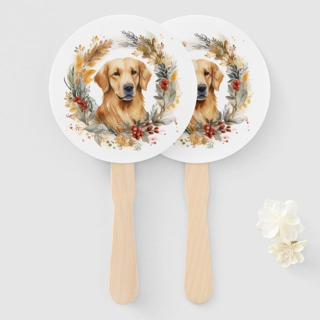 Abanico Navidades de Golden Retriever Wreath Festial Pup (Anverso y reverso)