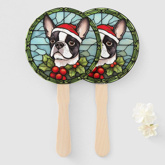 Abanico Navidades de vidrio manchado de Boston Terrier (Anverso y reverso)