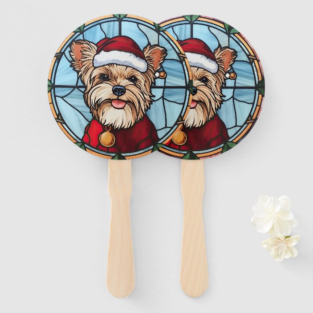 Abanico Navidades de vidrio templado de Yorkshire Terrier (Anverso y reverso)