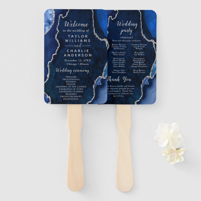 Abanico Navy Blue and Silver Agate Wedding Program (Anverso y reverso)