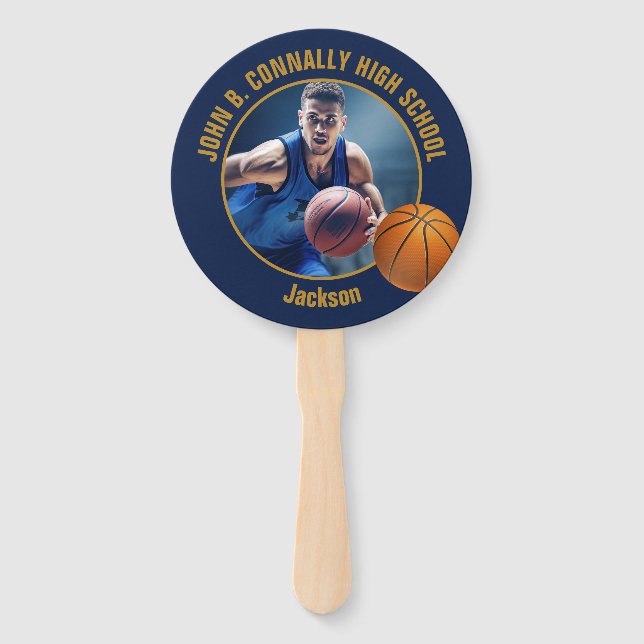 Abanico Navy Blue Gold Basketball Player Photo High School (Anverso)