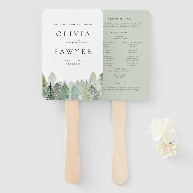 Abanico Nevada acuarela Evergreen Woodland Winter Wedding (Anverso y reverso)