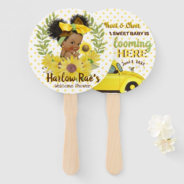 Abanico Niña de la etnia | Yellow Sunflower Baby Shower Ha (Anverso y reverso)