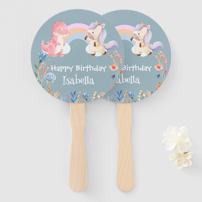 Abanico Niños de cumpleaños de la flor de arco iris de Uni (Anverso y reverso)