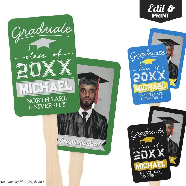 Abanico Nombre de la bandera del jardín de graduación edit (Editable Graduation Hand Fan with Name & School, Custom Green White Hand Fan for Graduation Ceremony)