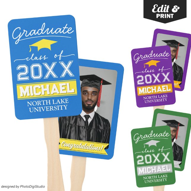 Abanico Nombre de la bandera del jardín de graduación edit (Editable Graduation Hand Fan with Name & School, Custom Blue Yellow Hand Fan for Graduation Ceremony)