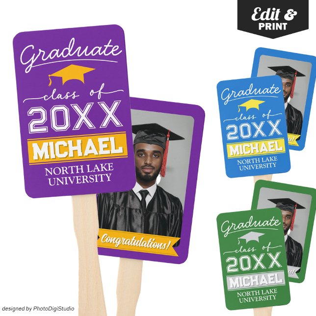 Abanico Nombre de la bandera del jardín de graduación edit (Editable Graduation Hand Fan with Name & School, Custom Purple Gold Hand Fan for Graduation Ceremony)