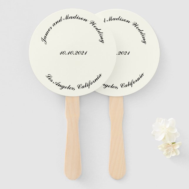 Abanico Nombre del personalizar, boda de marfil negro (Anverso y reverso)