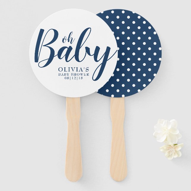 Abanico Oh Baby - Navy Blue Polka Dot Baby Shower (Anverso y reverso)