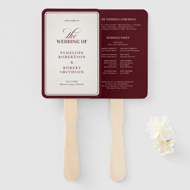 Abanico Old Money Modern Formal Burgundy Wedding Program (Anverso y reverso)