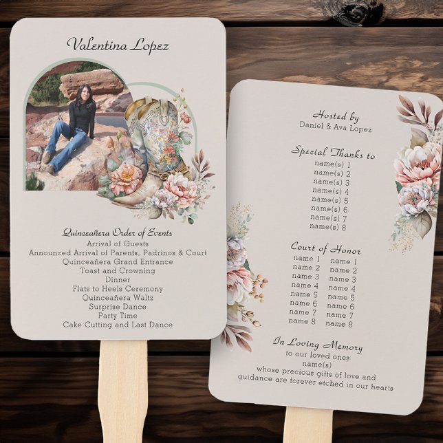 Abanico Orden Quinceanera de Eventos Boho Floral Boots (Order of Events program fans from my Boho Floral Cowgirl Boots Quinceanera Collection
)