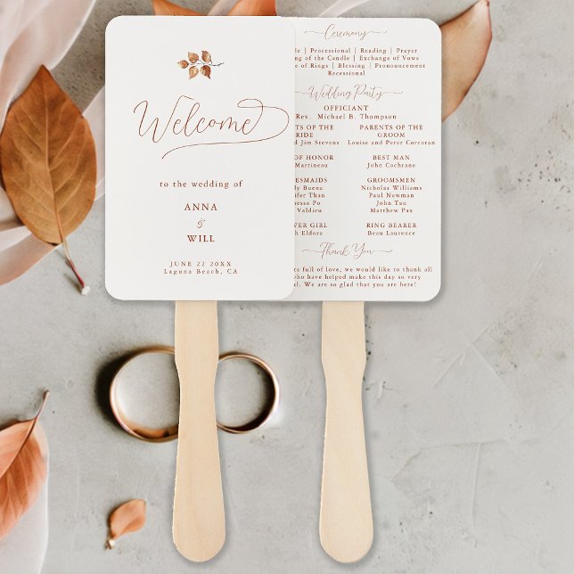 Abanico Otoño deja mano del programa de boda de Moda de Te (Autumn leaves fall wedding program romantic elegant calligraphy terracotta burnt orange classy chic)