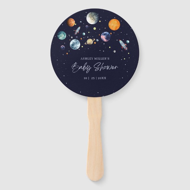 Abanico Over The Moon Boy Baby Shower Party Space Galaxy (Anverso)