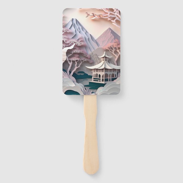 Abanico Paisaje del Pabellón de corte de papel (Reverso)