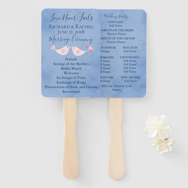 Abanico Pájaros de amor rosados de pergamino azul (Anverso y reverso)