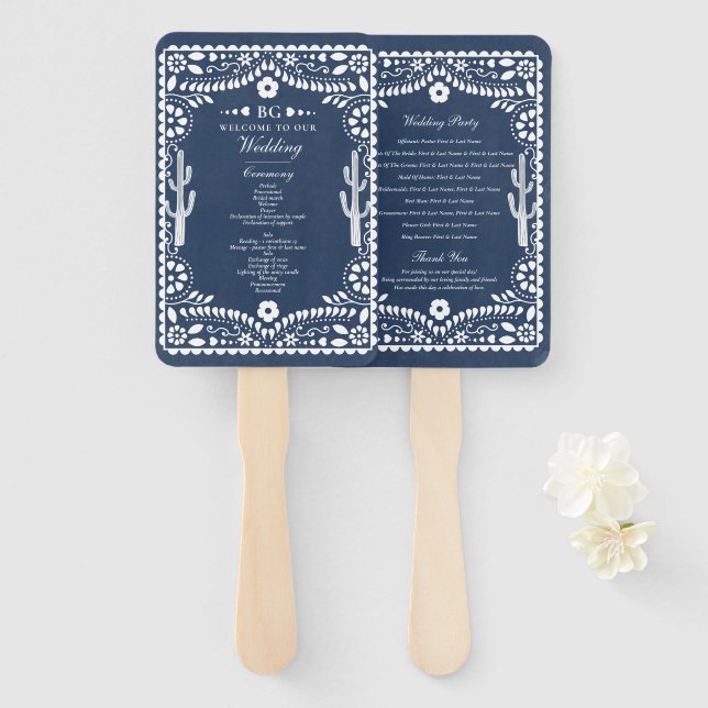 Abanico Papel Picado Boda Mexican Rustic Blue Wedding  (Anverso y reverso)