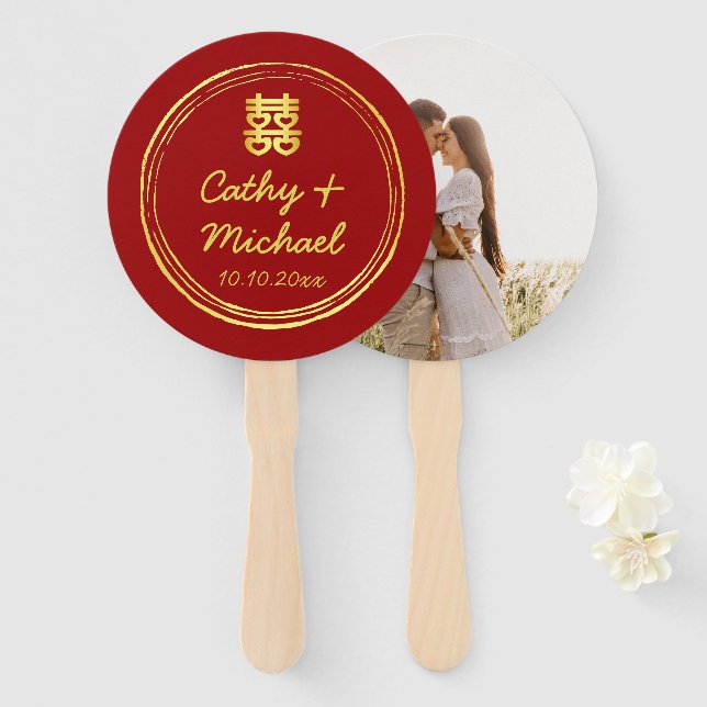 Abanico Pareja roja foto boda chino doble felicidad (Anverso y reverso)