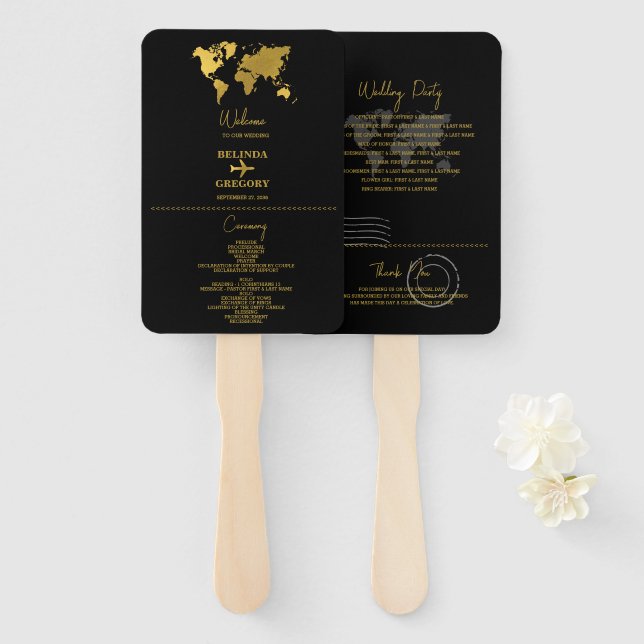 Abanico Pasaporte de Boda Programa Negro Oro (Anverso y reverso)