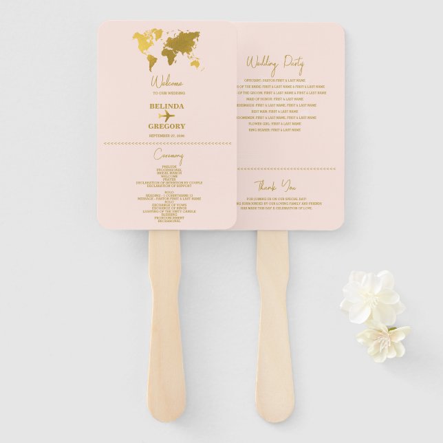 Abanico Pasaporte de Boda Programa Rosa Dorado (Anverso y reverso)