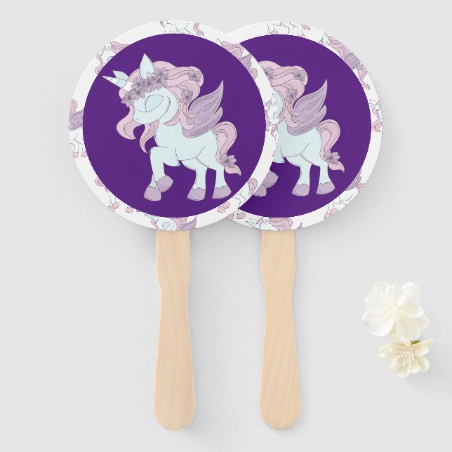 Abanico Pastel morado y unicornios blancos (Anverso y reverso)