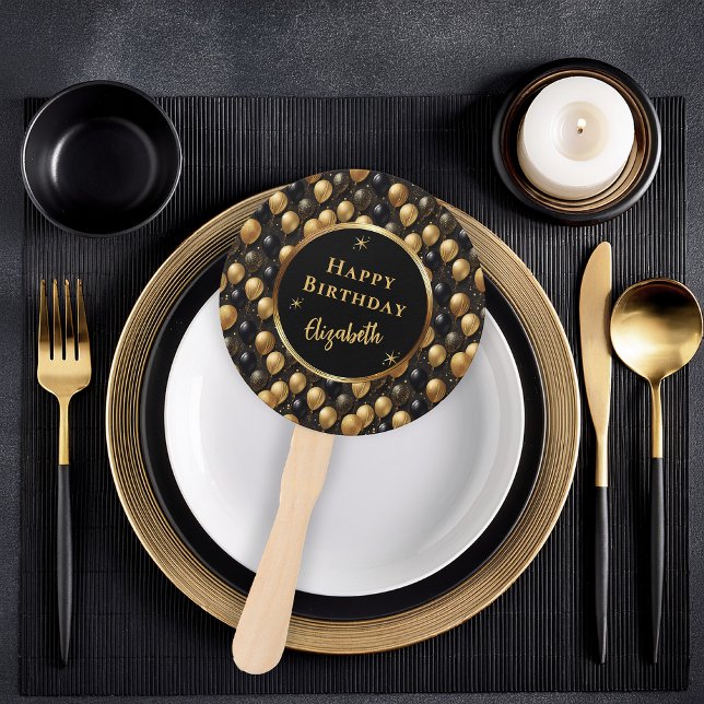 Abanico Patrón A021 elegante de globos Purpurinas de oro n (Elegant Black and Gold Faux Glitter Balloons Patterned "Happy Birthday" Hand Fan)
