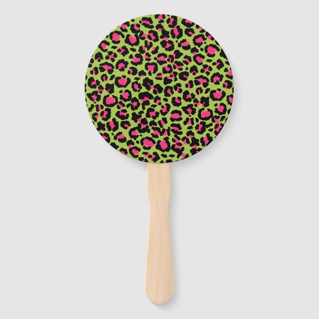 Abanico Patrón de leopardo en frambuesa en verde limón (Reverso)