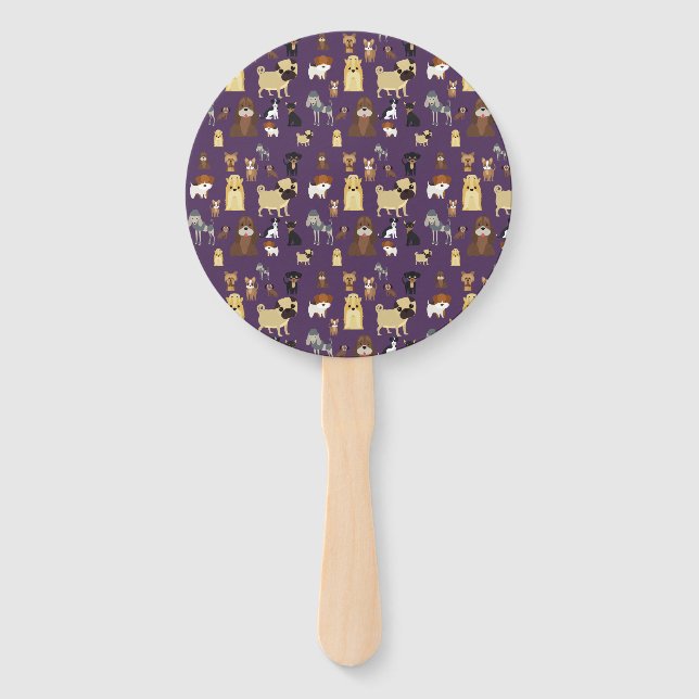Abanico patrón de perros de fondo morado. (Anverso)