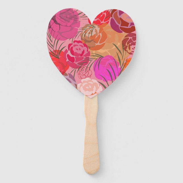 Abanico Patrón rosa con flores y plantas (Anverso)