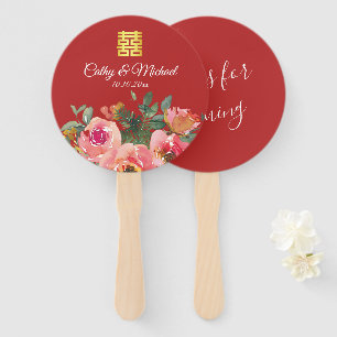 Abanico Peony floral doble felicidad boda chino rojo