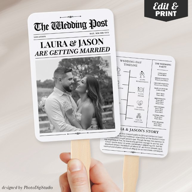 Abanico Periódico boda con línea de tiempo, programas de b (Wedding Newspaper with Timeline, Wedding Programs Hand Fan)