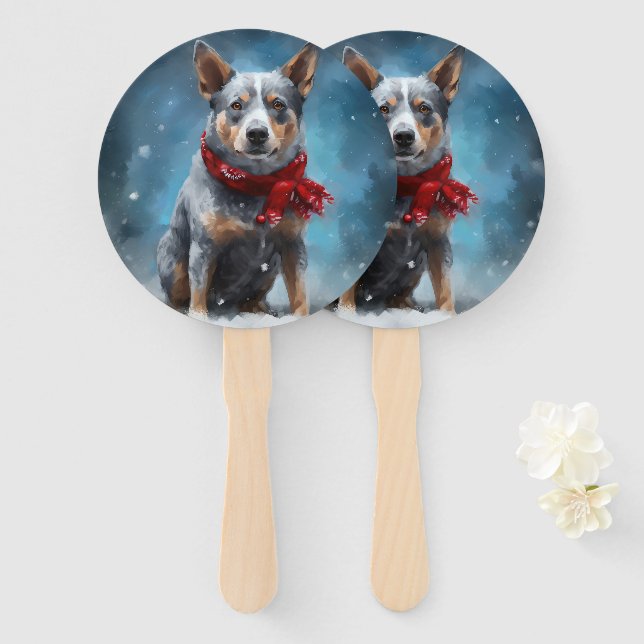 Abanico Perro Blue Heeler en Navidad con nieve (Anverso y reverso)