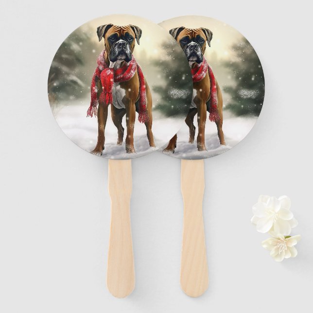Abanico Perro Boxer en Navidad con Nieve (Anverso y reverso)