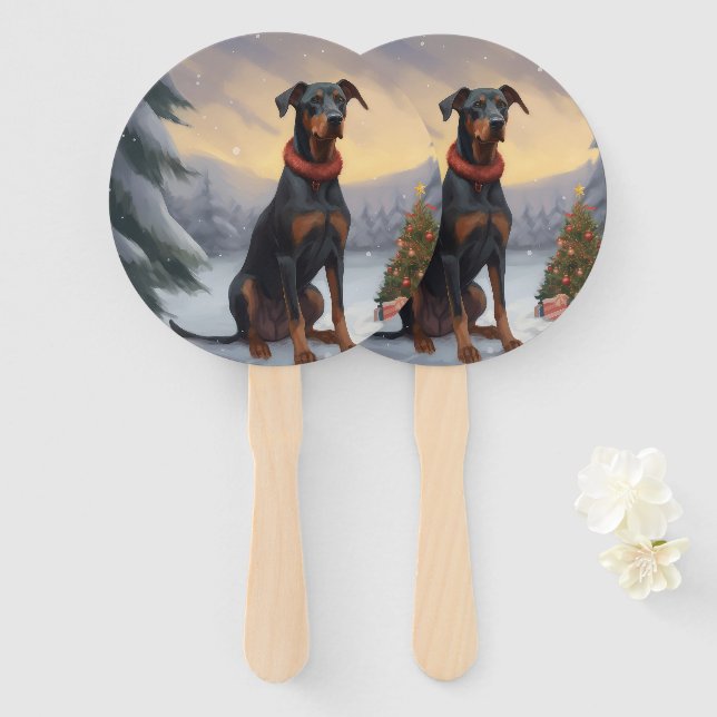 Abanico Perro Doberman en Navidad con nieve  (Anverso y reverso)