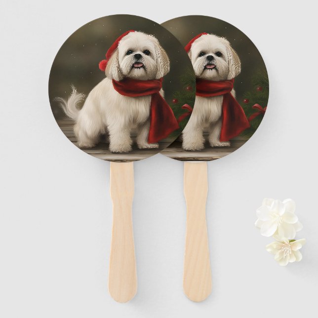 Abanico Perro Lhasa Apso en Navidad con Nieve (Anverso y reverso)