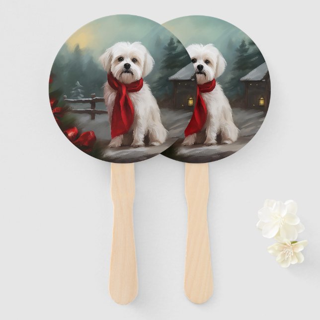 Abanico Perro maltés en Navidad con nieve (Anverso y reverso)