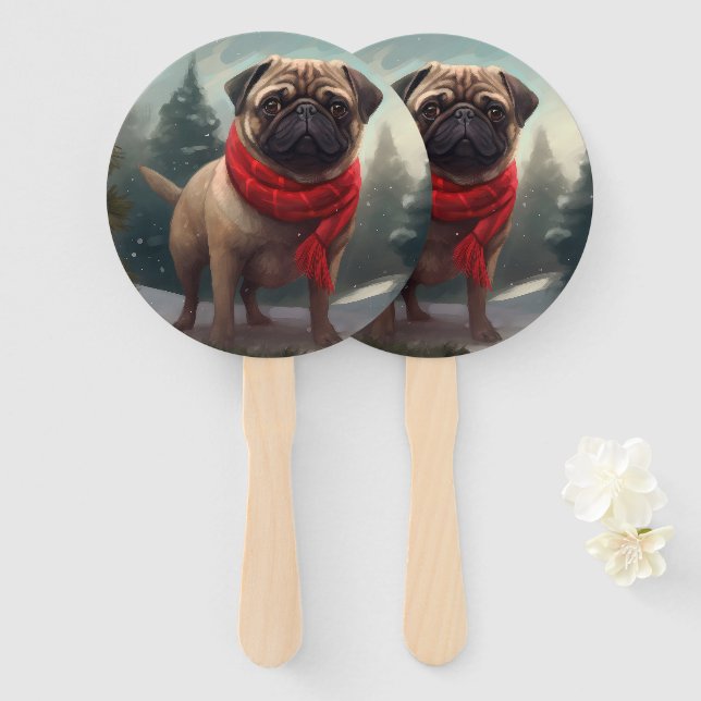 Abanico Perro Pug en Navidad con Nieve (Anverso y reverso)