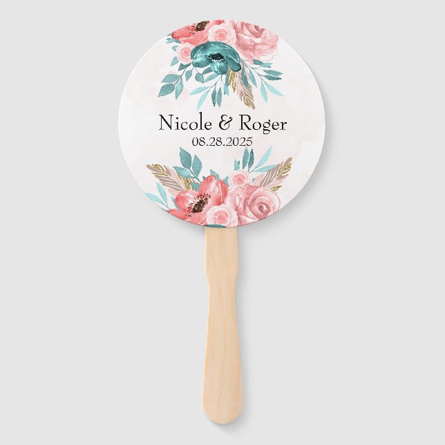 Abanico Personalizado de Boda de flores verde azuladas y d (Anverso)