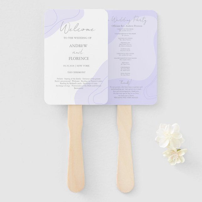 Abanico Personalizado de líneas de blobs Boda violeta de P (Anverso y reverso)