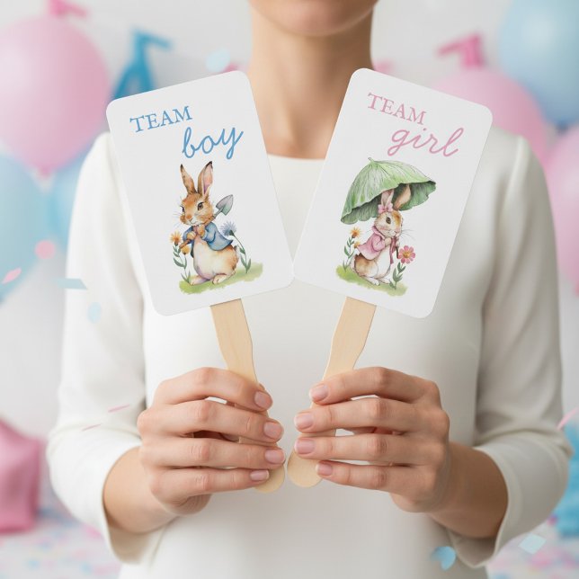 Abanico Peter Rabbit Team Girl or Team Boy Baby Reveal (Peter Rabbit storybook themed gender reveal hand fans)