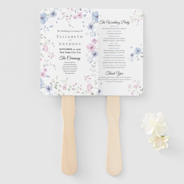 Abanico Pink & Dusty Blue Watercolor Floral Wedding  (Anverso y reverso)