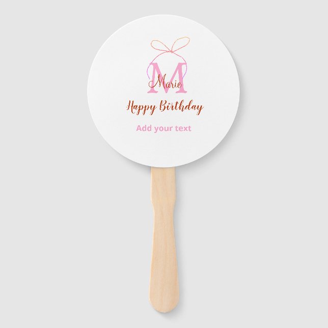 Abanico Pink glitter bow add name letter monogram birthday (Anverso)