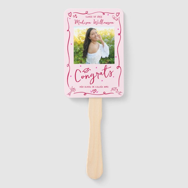 Abanico Pink Red Hand Drawn Doodle Graduation 2 Photo Fun (Anverso)