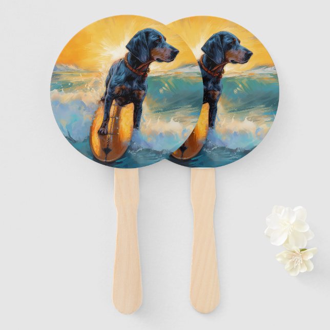 Abanico Pintura de Bluetick Coonhound Beach Surfing (Anverso y reverso)