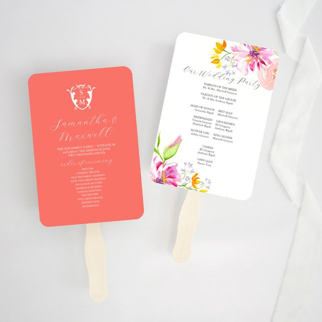 Abanico Plantillas del ventilador del programa de bodas Fl (wedding program fan templates watercolor pink and orange florals by Victoria Grigaliunas)
