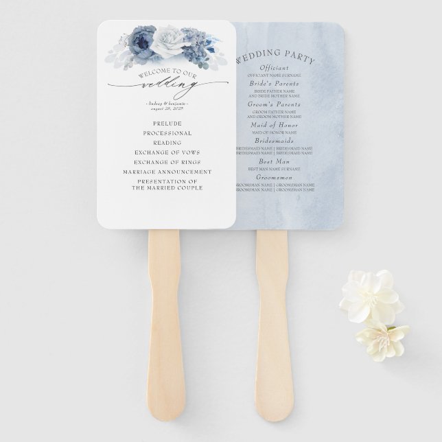 Abanico Programa Blue Floral Elegant Wedding (Anverso y reverso)