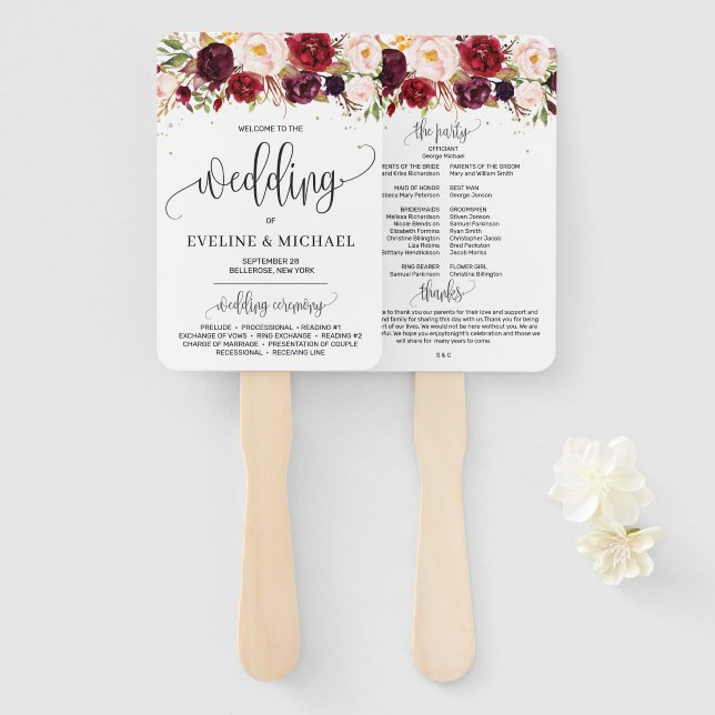 Abanico Programa bohemio marsala floral de bodas rosa (Anverso y reverso)